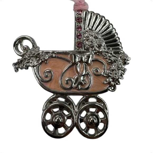 Gloria Duchin 2005 Baby Carriage Ornament Silver Pink Enamel Rhinestones USA - Picture 1 of 10